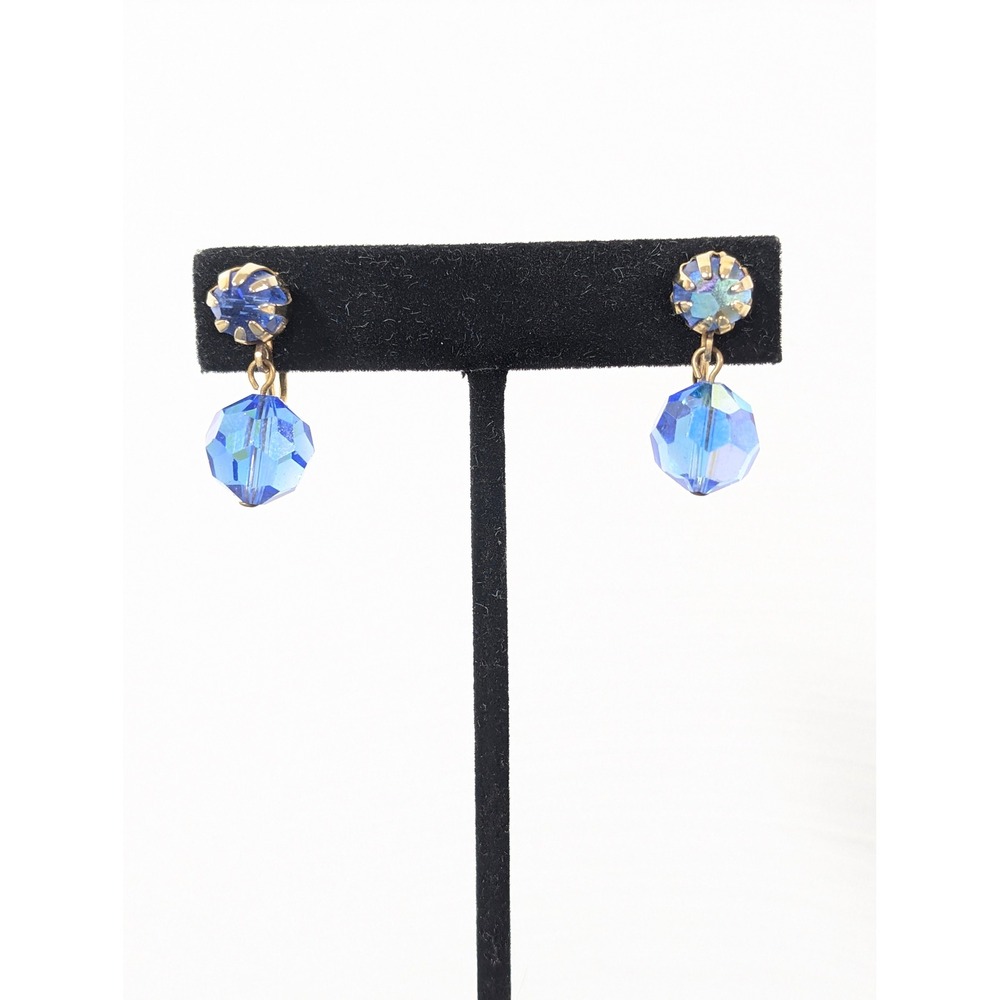 Vintage Blue AB Glass Bead Dangle Clip On Earrings Gold Tone Aurora Borealis